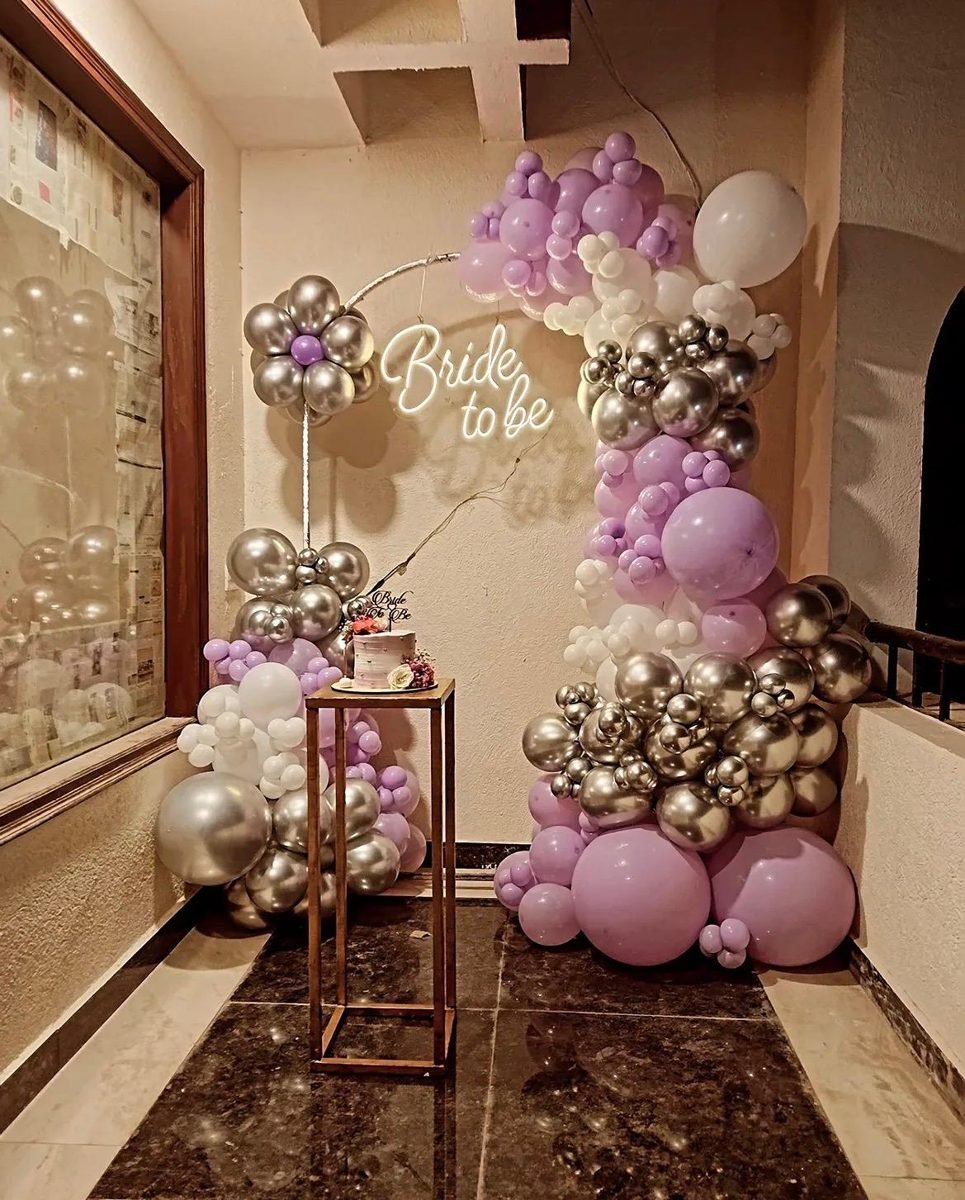 Bride to be balloon decoration with lilac and silver balloons