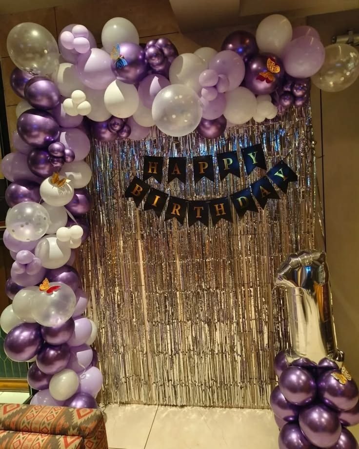 Purple balloon garland birthday decoration with silver curtain